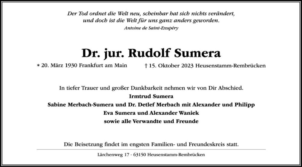  Traueranzeige für Rudolf Sumera vom 21.10.2023 aus OF