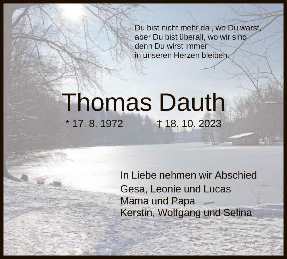  Traueranzeige für Thomas Dauth vom 25.10.2023 aus OF