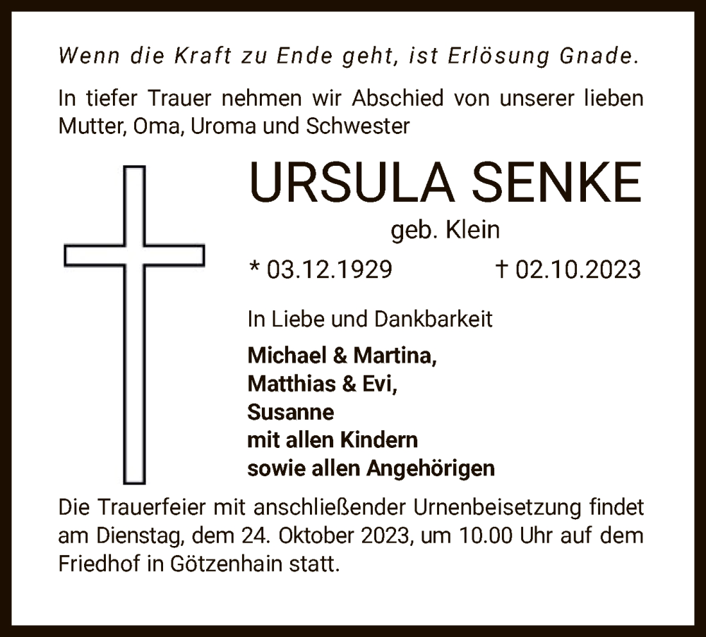  Traueranzeige für Ursula Senke vom 21.10.2023 aus OF