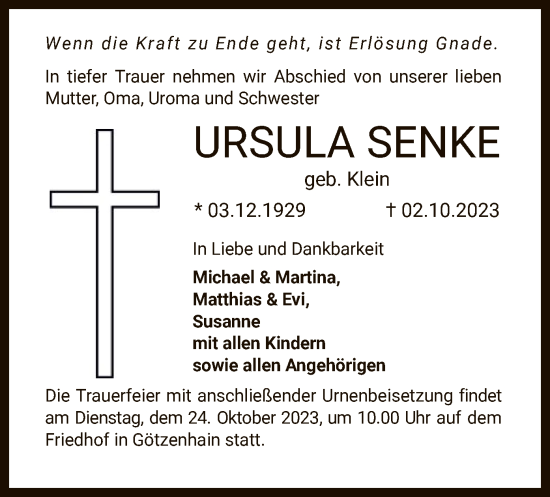 Traueranzeige von Ursula Senke von OF