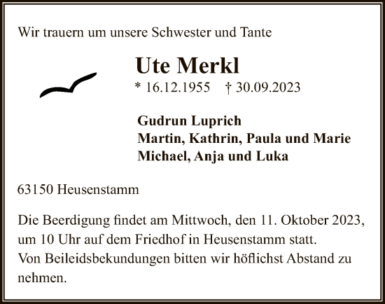 Traueranzeige von Ute Merkl von OF