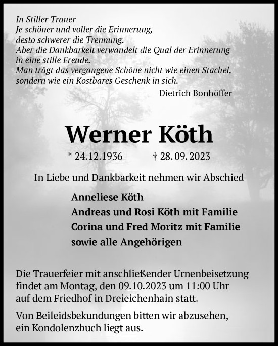 Traueranzeige von Werner Köth von OF