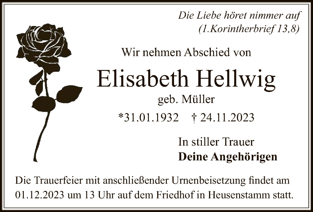  Traueranzeige für Elisabeth Hellwig vom 29.11.2023 aus OF
