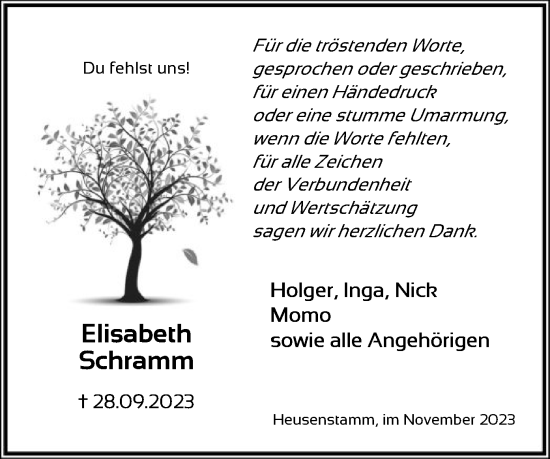 Traueranzeige von Elisabeth Schramm von OF