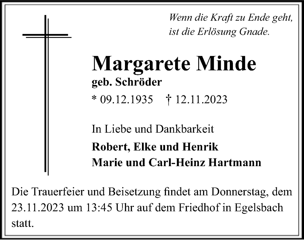  Traueranzeige für Margarete Minde vom 22.11.2023 aus OF