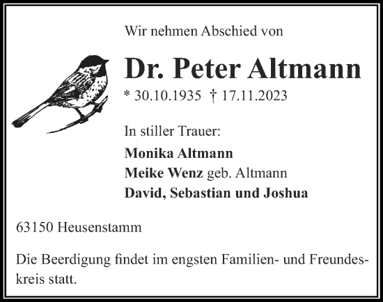 Traueranzeige von Peter Altmann von OF