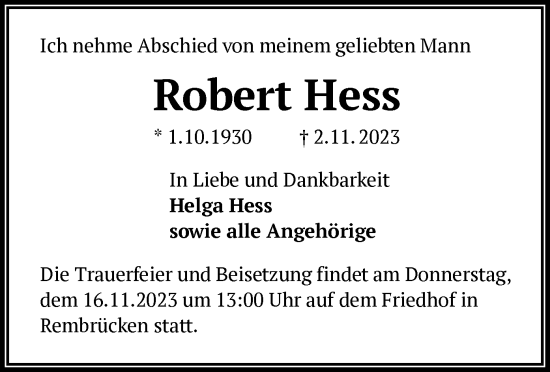 Traueranzeige von Robert Hess von OF