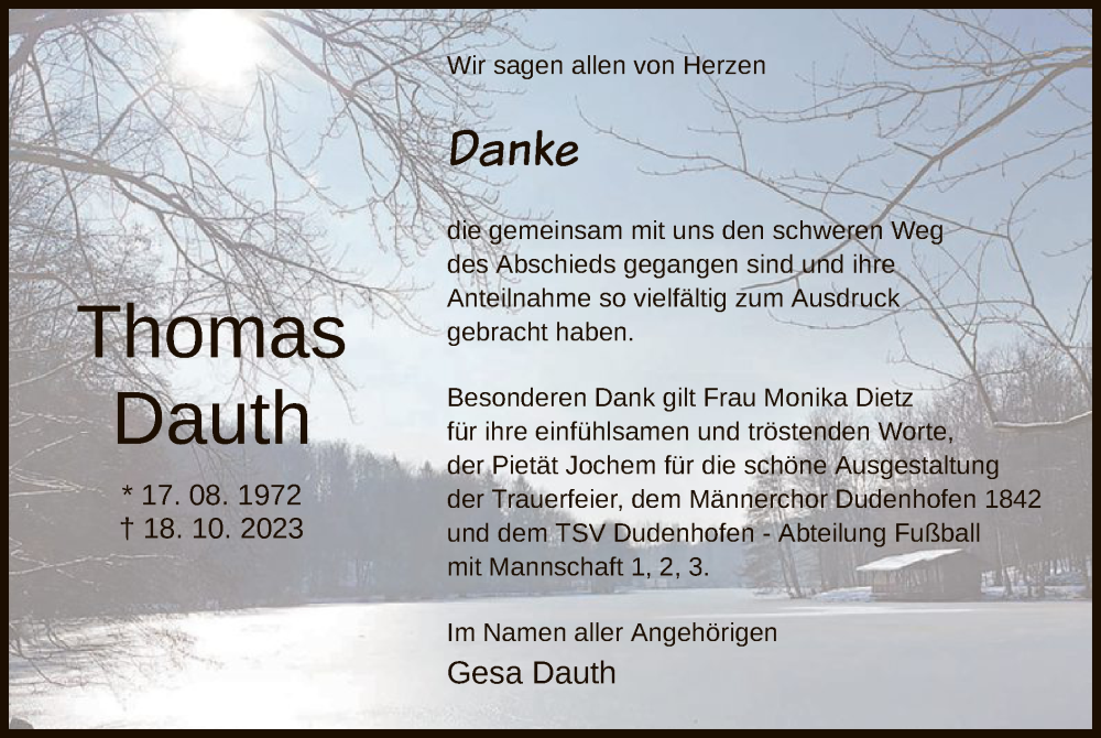  Traueranzeige für Thomas Dauth vom 29.11.2023 aus OF