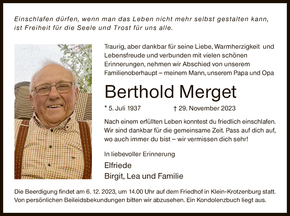  Traueranzeige für Berthold Merget vom 06.12.2023 aus OF