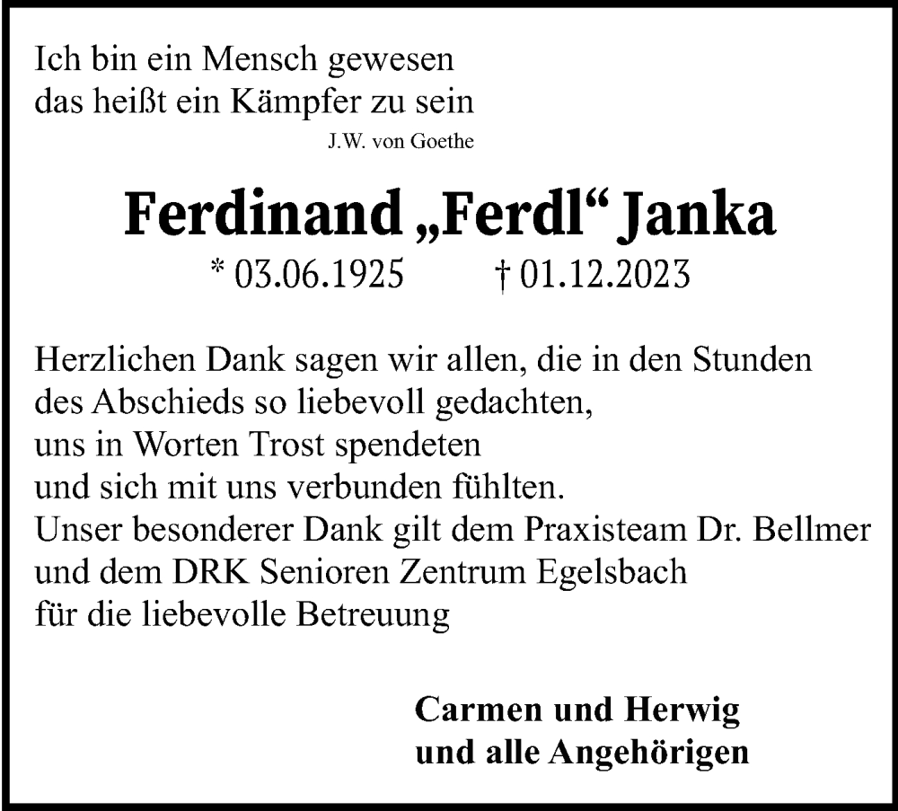  Traueranzeige für Ferdinand Janka vom 16.12.2023 aus OF