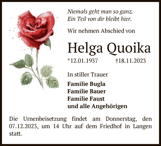 Traueranzeige von Helga Quoika von OF