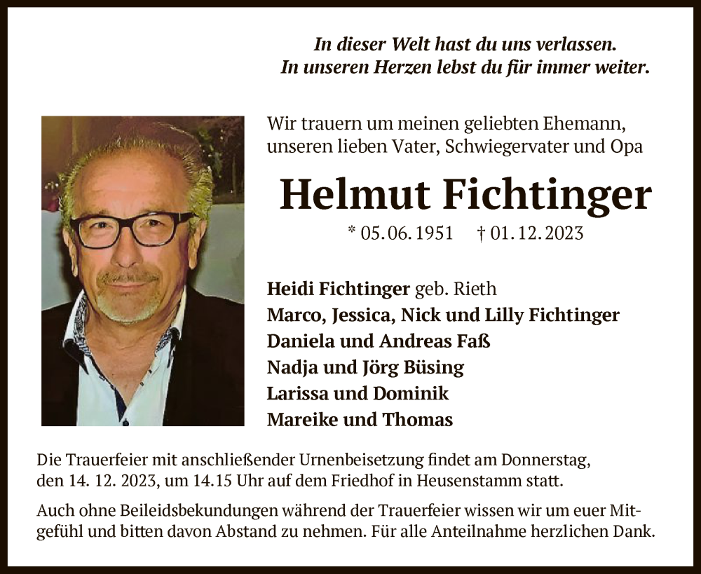  Traueranzeige für Helmut Fichtinger vom 09.12.2023 aus OF