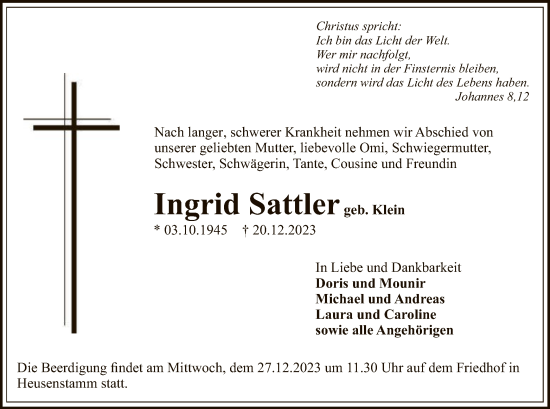 Traueranzeige von Ingrid Sattler von OF
