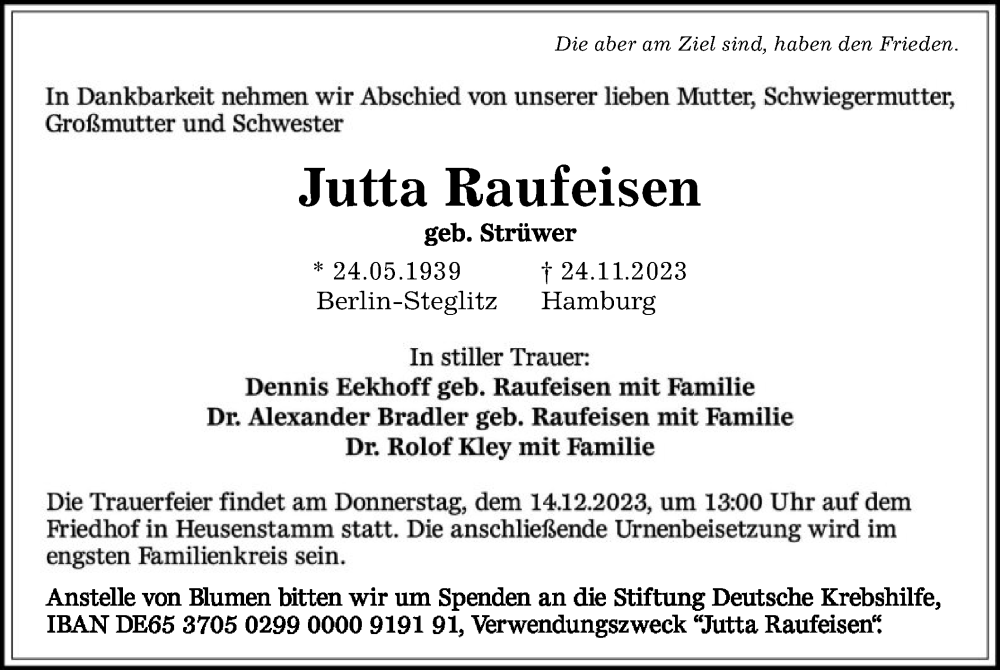  Traueranzeige für Jutta Raufeisen vom 13.12.2023 aus OF