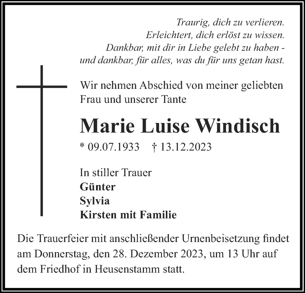  Traueranzeige für Marie Luise Windisch vom 20.12.2023 aus OF