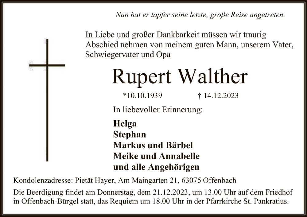  Traueranzeige für Rupert Walther vom 16.12.2023 aus OF