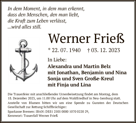 Traueranzeige von Werner Frieß von OF