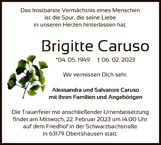 Traueranzeige von Brigitte Caruso von OF
