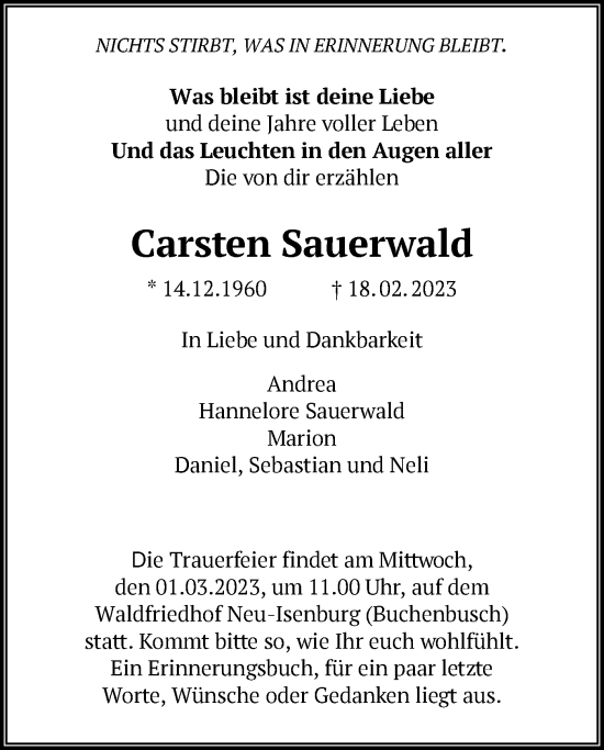 Traueranzeige von Carsten Sauerwald von OF