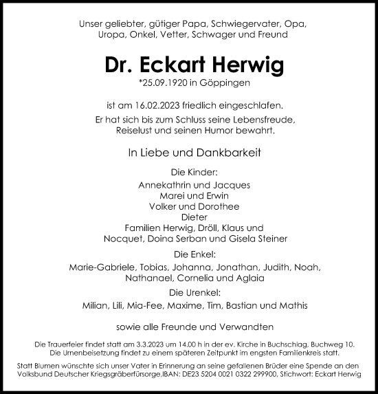 Traueranzeige von Eckart Herwig von OF