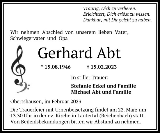 Traueranzeige von Gerhard Abt von OF