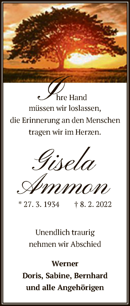  Traueranzeige für Gisela Ammon vom 18.02.2023 aus OF