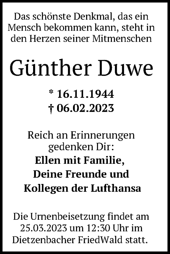 Traueranzeige von Günther Duwe von OF