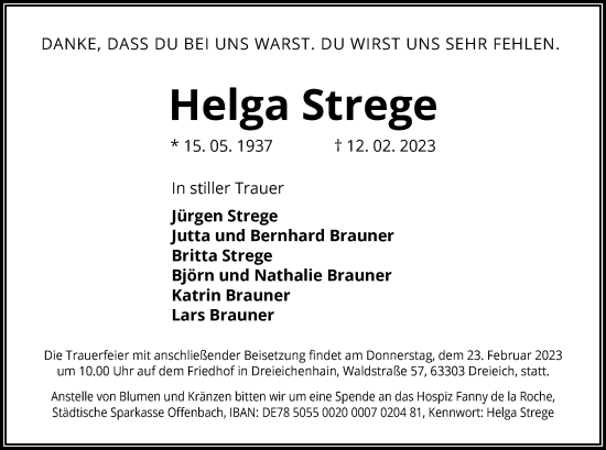 Traueranzeige von Helga Strege von OF