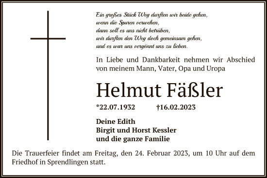 Traueranzeige von Helmut Fäßler von OF