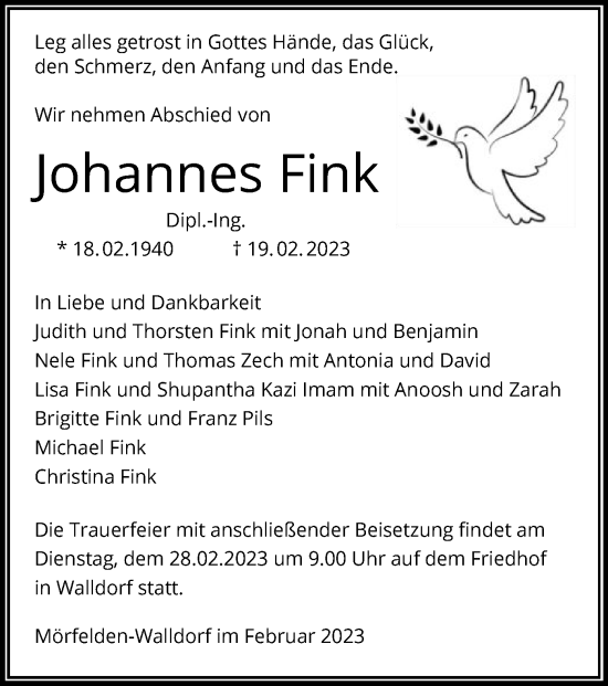 Traueranzeige von Johannes Fink von OF