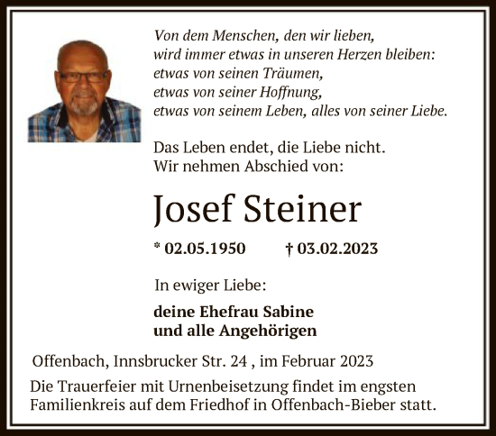 Traueranzeige von Josef Steiner von OF