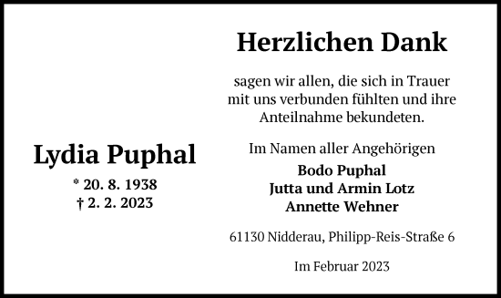 Traueranzeige von Lydia Puphal von OF