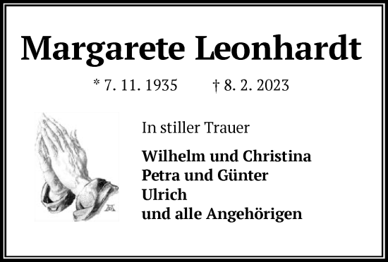 Traueranzeige von Margarete Leonhard von OF