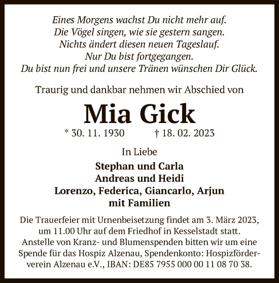 Traueranzeige von Mia Gick von OF