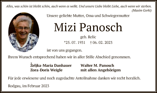 Traueranzeige von Mizi Panosch von OF