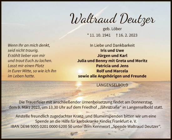 Traueranzeige von Waltraud Deutzer von OF
