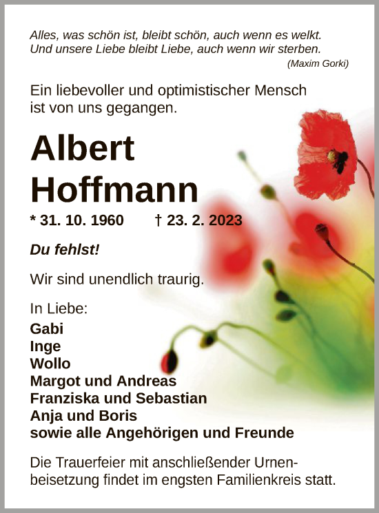 Traueranzeige von Albert Hoffmann von OF