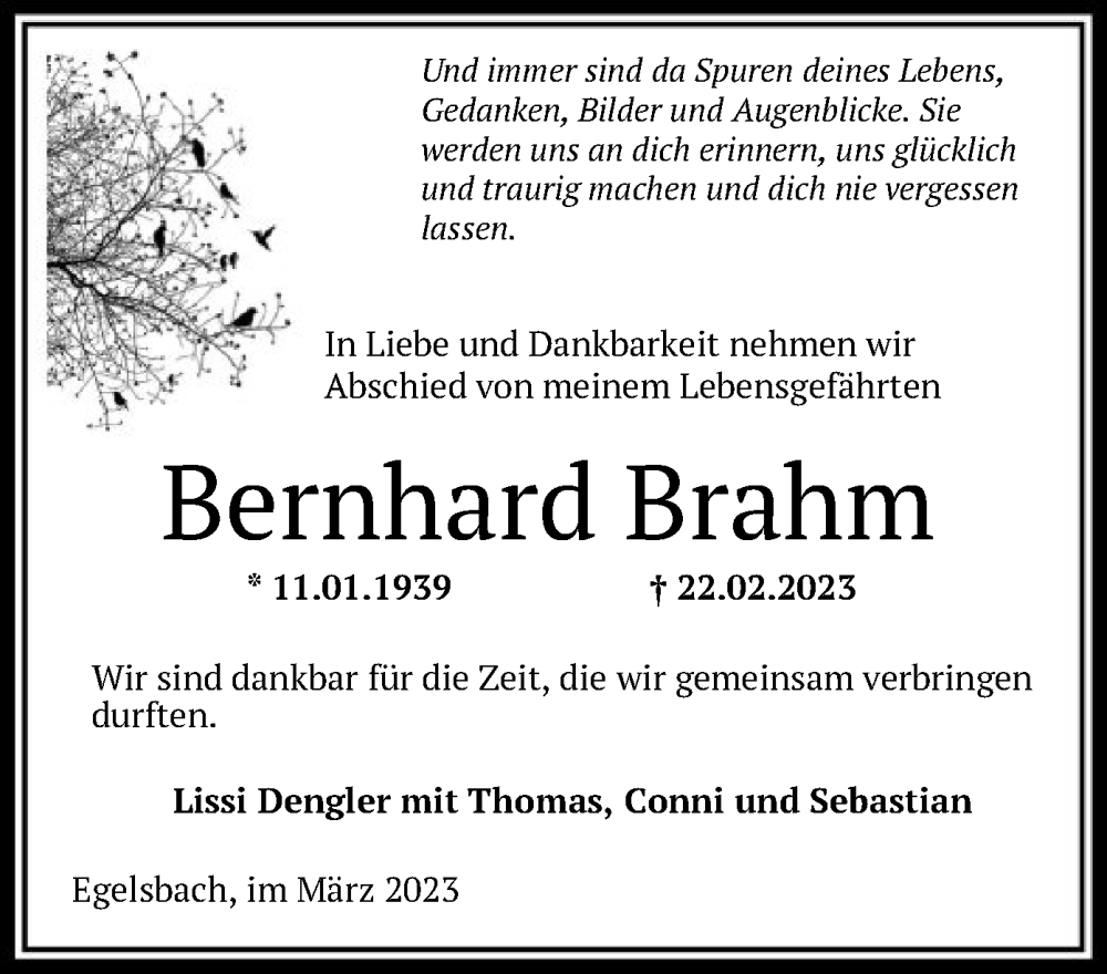  Traueranzeige für Bernhard Brahm vom 04.03.2023 aus OF