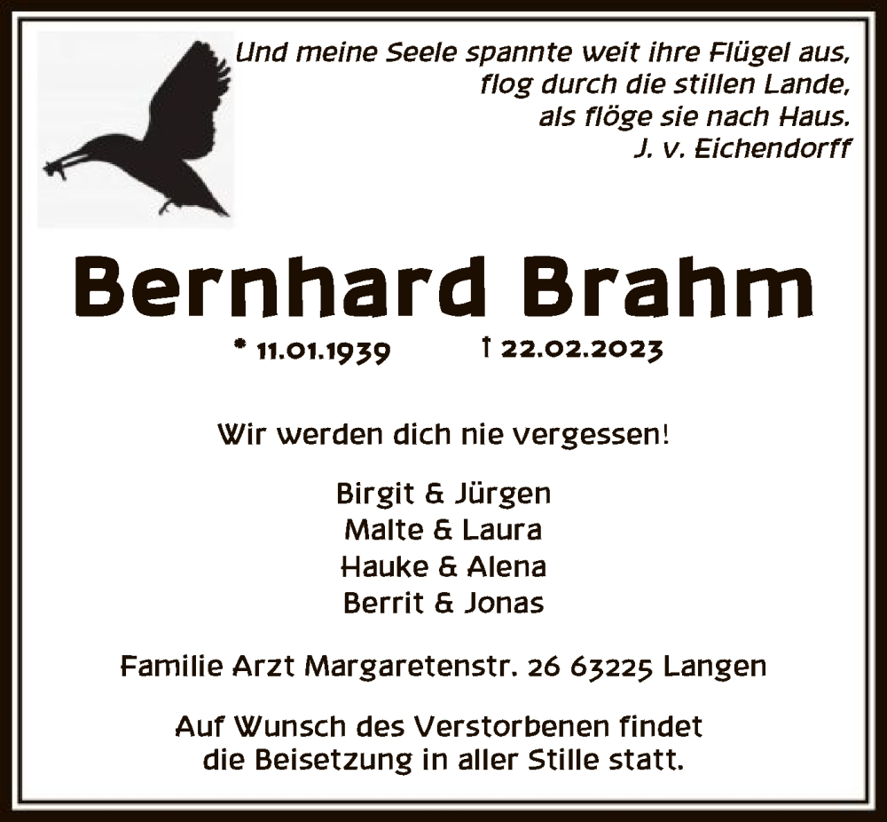  Traueranzeige für Bernhard Brahm vom 04.03.2023 aus OF