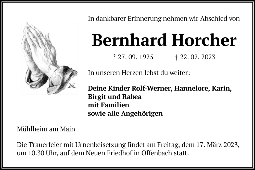  Traueranzeige für Bernhard Horcher vom 08.03.2023 aus OF