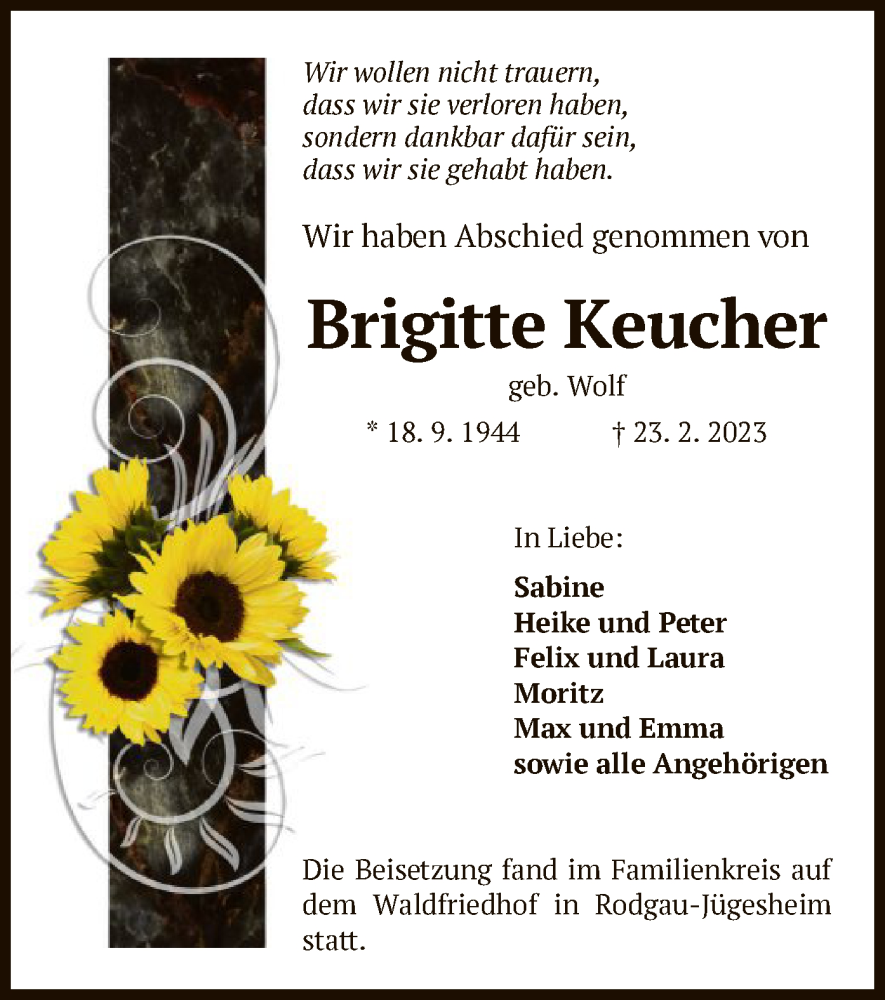  Traueranzeige für Brigitte Keucher vom 08.03.2023 aus OF