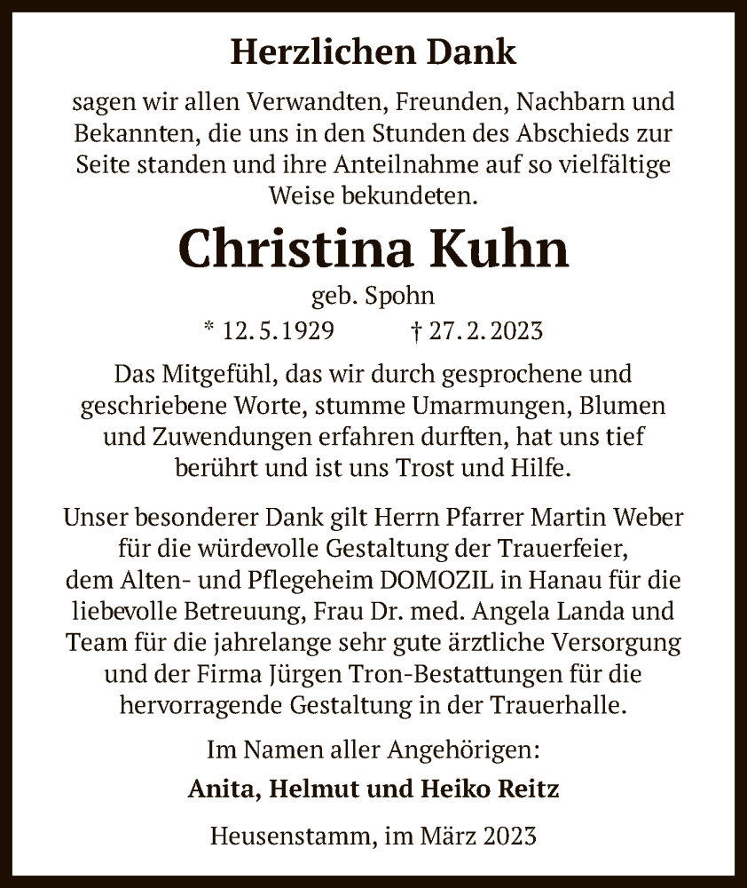  Traueranzeige für Christina Kuhn vom 22.03.2023 aus OF