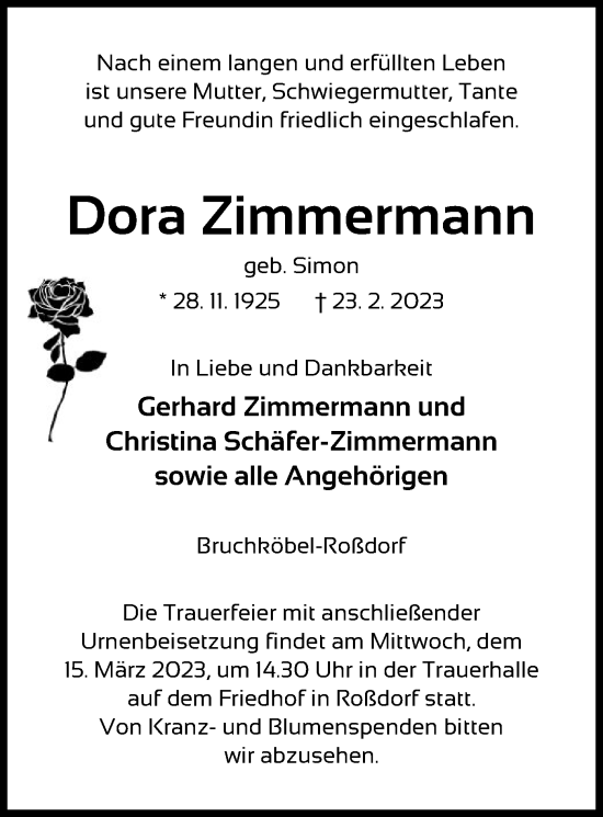 Traueranzeige von Dora Zimmermann von OF