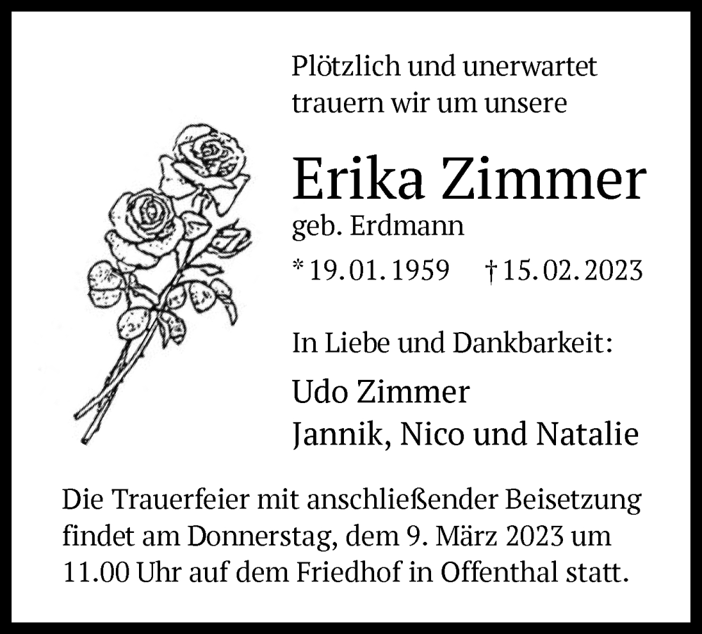 Traueranzeige für Erika Zimmer vom 02.03.2023 aus OF