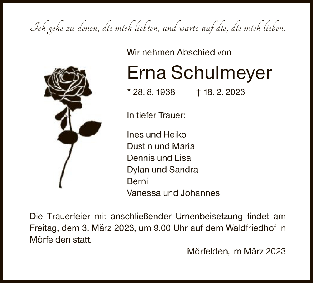  Traueranzeige für Erna Schulmeyer vom 02.03.2023 aus OF