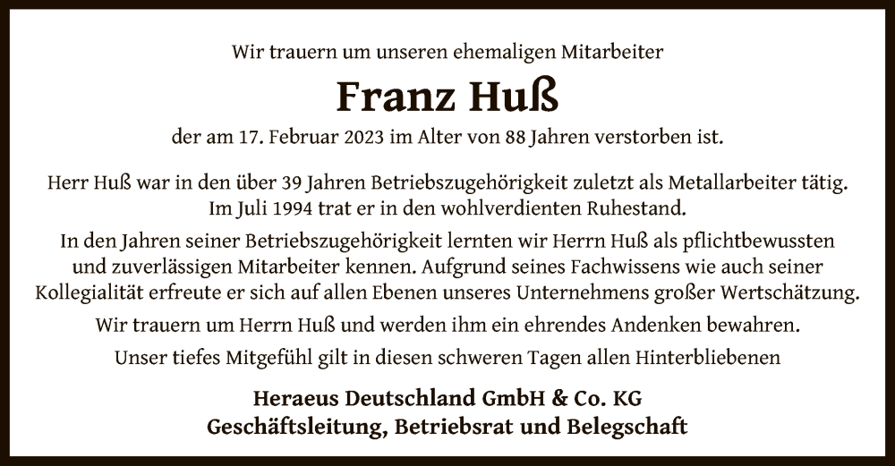  Traueranzeige für Franz Huß vom 07.03.2023 aus OF