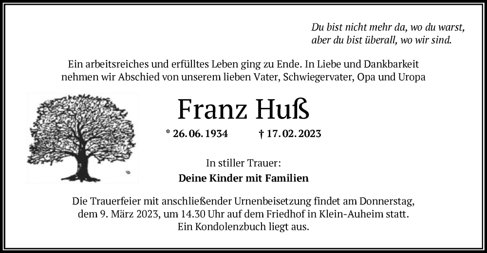  Traueranzeige für Franz Huß vom 04.03.2023 aus OF