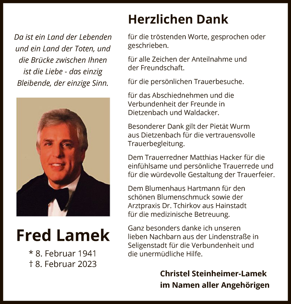  Traueranzeige für Fred Lamek vom 18.03.2023 aus OF