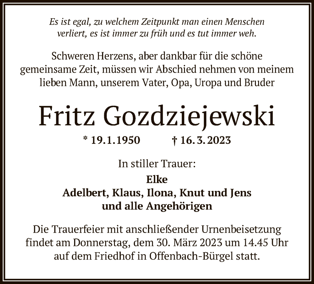  Traueranzeige für Fritz Gozdziejewski vom 25.03.2023 aus OF