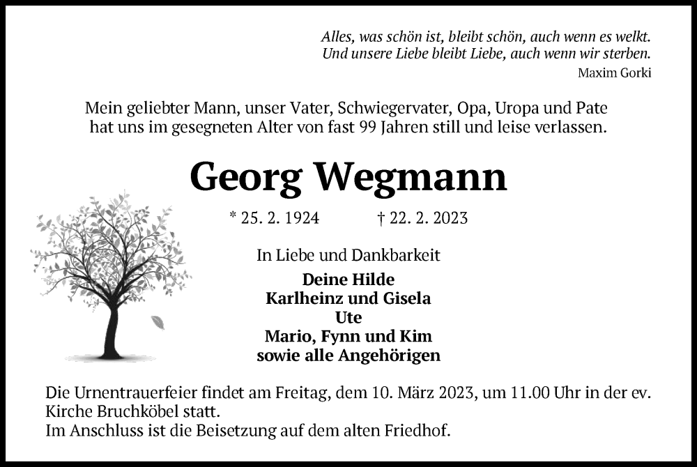  Traueranzeige für Georg Wegmann vom 04.03.2023 aus OF